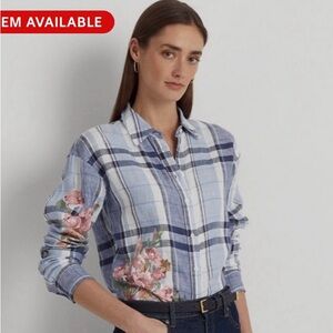 Ralph Lauren Blue and White Plaid Shirt 100% Linen L